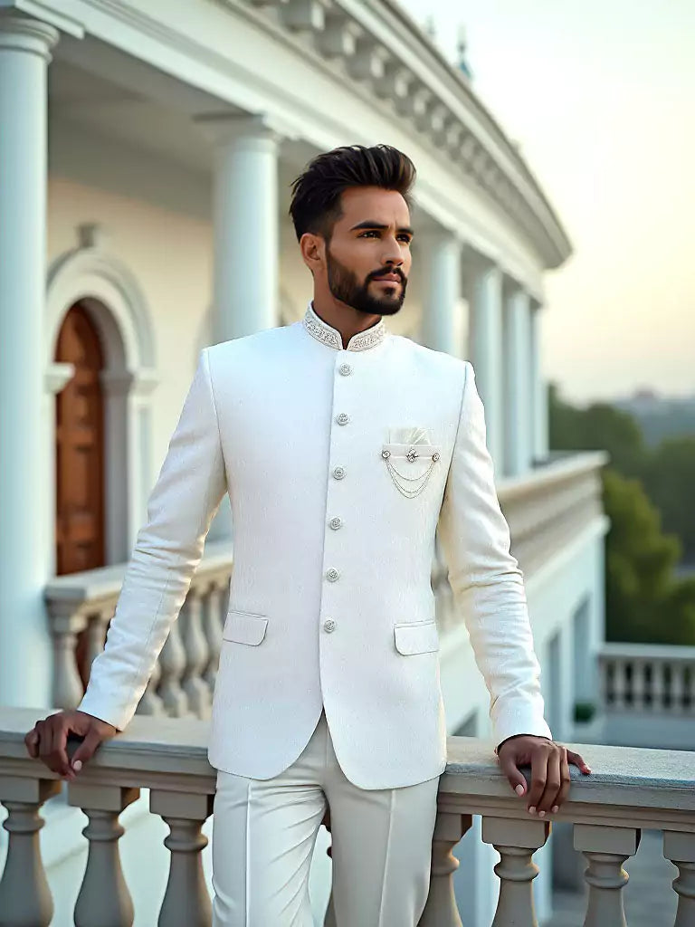 Cream Self Weaving Patterned Jacquard Bandhgala Suit