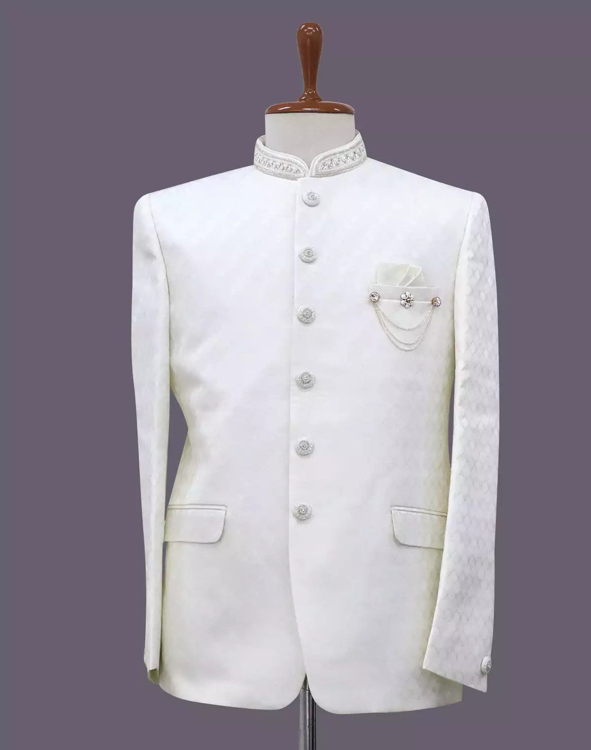 Cream Self Weaving Patterned Jacquard Bandhgala Suit