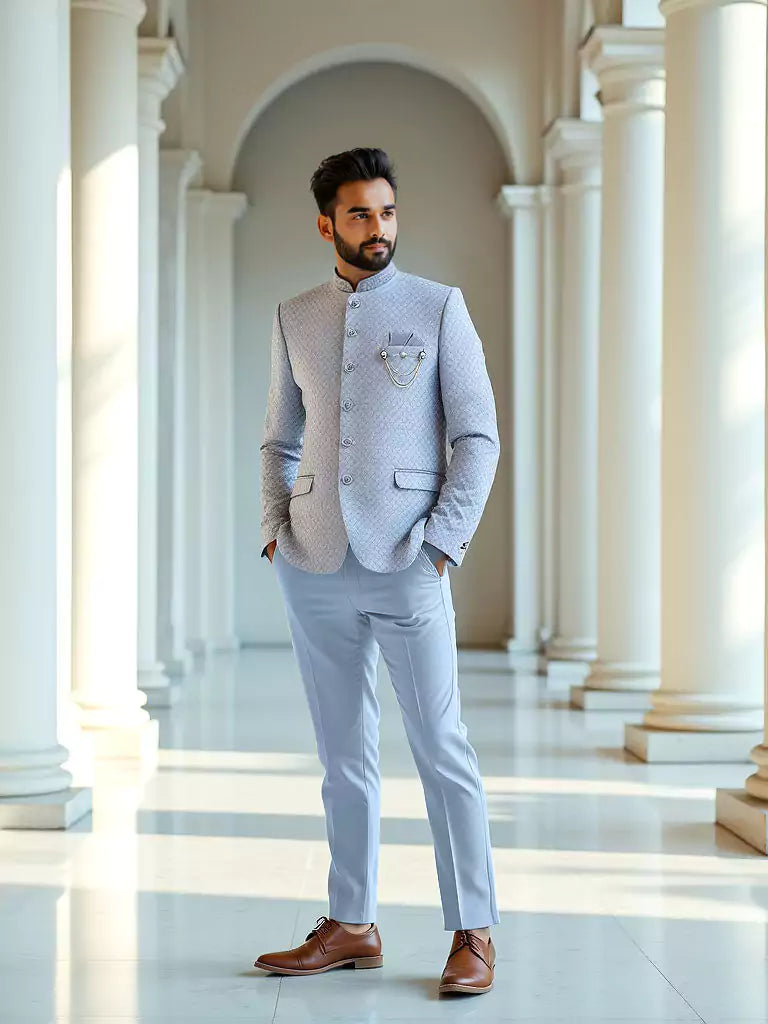 Grey Self Weaving Patterned Jacquard Bandhgala Suit