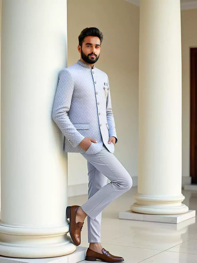 Grey Self Weaving Patterned Jacquard Bandhgala Suit