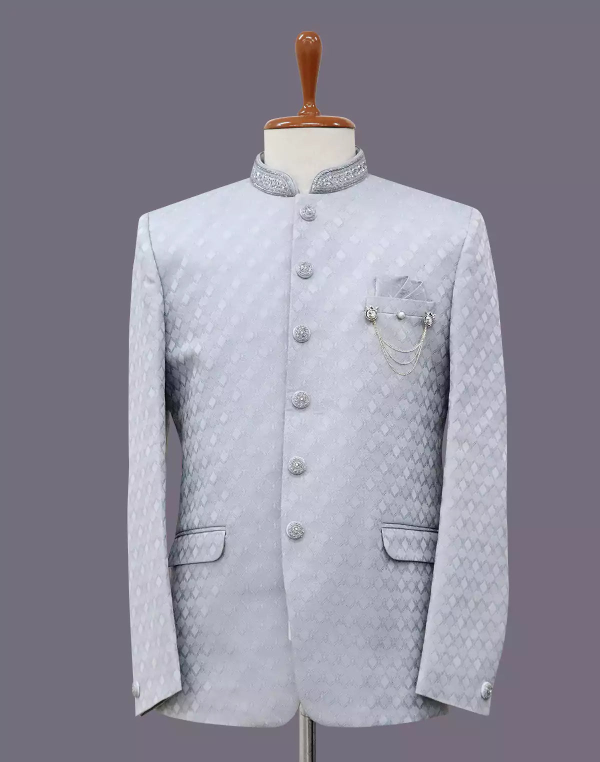 Grey Self Weaving Patterned Jacquard Bandhgala Suit