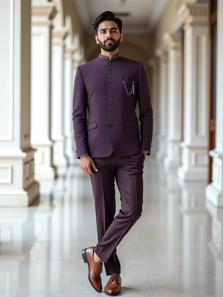 Classic Maroon Self Design Jacquard Bandhgala Style