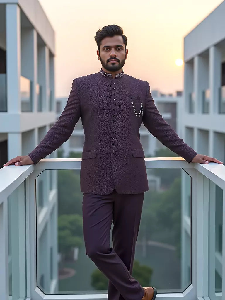 Classic Maroon Self Design Jacquard Bandhgala Style