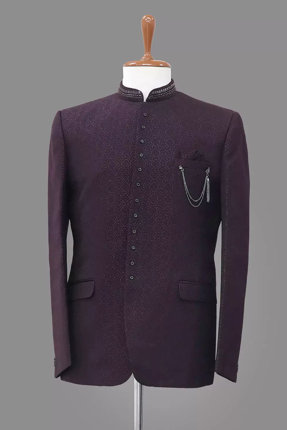 Classic Maroon Self Design Jacquard Bandhgala Style