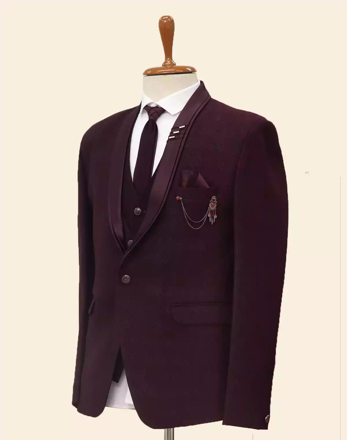 Graceful Maroon Jacquard 5PC Designer Suit