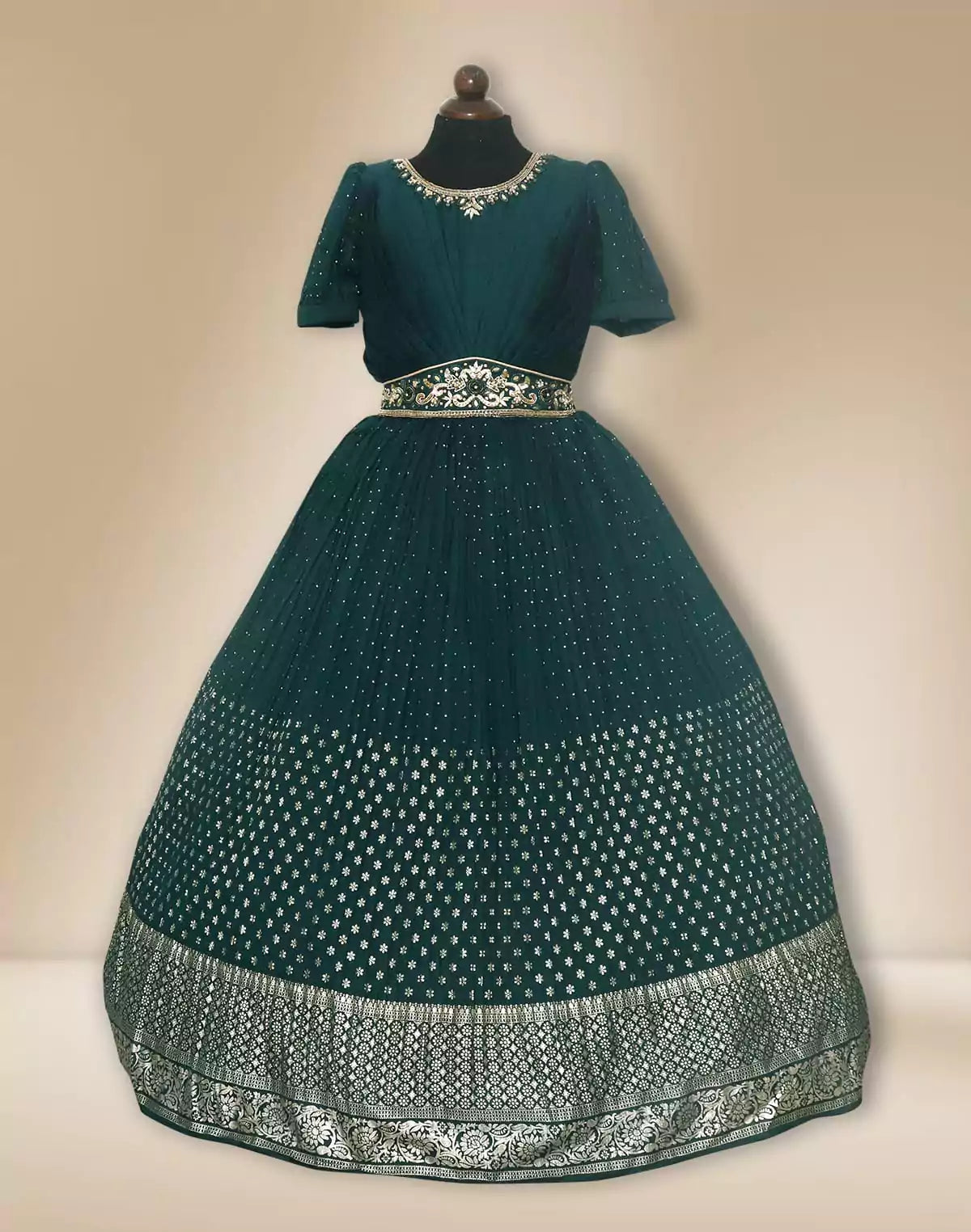 Rama Green Mica Print Silk with Crush Fabric Party Wear Frock