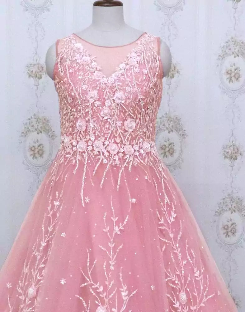 Pink designer netted Embellished Gown with mask