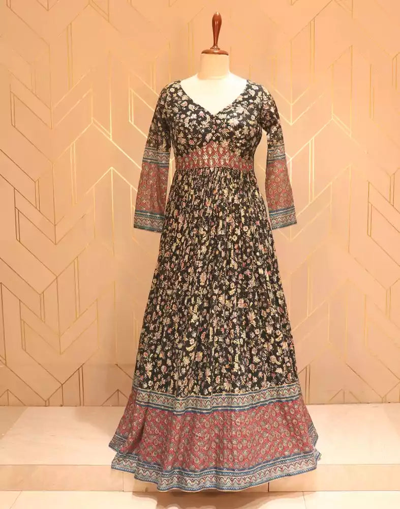 Elegant Black Floral print Embellished work Chiffon Dress Gown