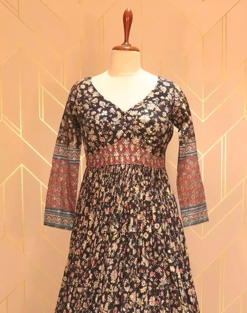 Elegant Black Floral print Embellished work Chiffon Dress Gown