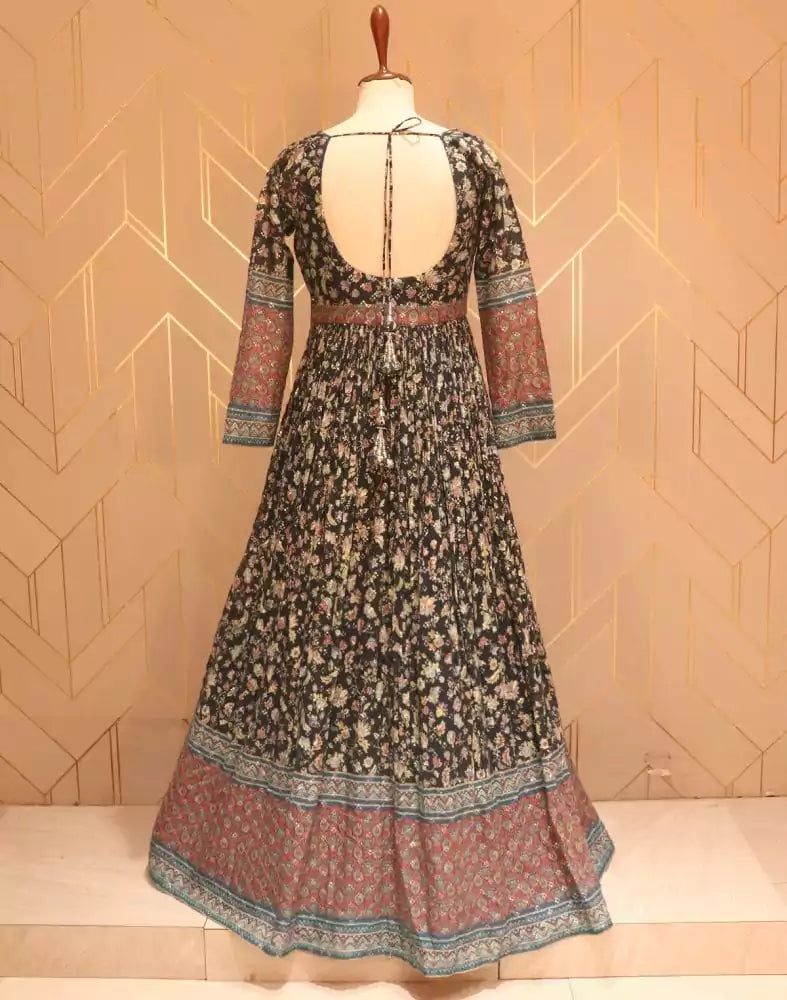 Elegant Black Floral print Embellished work Chiffon Dress Gown