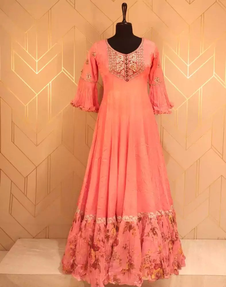Designer Peach Coloured fully flared Plain Chiffon fabric Dress Gown