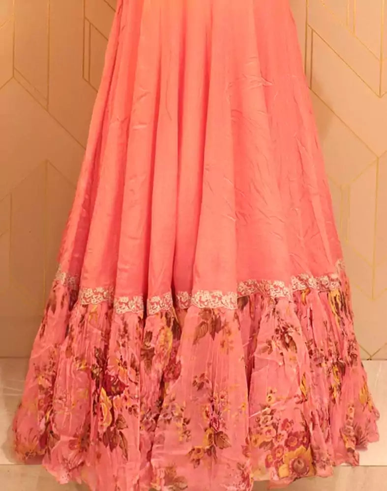 Designer Peach Coloured fully flared Plain Chiffon fabric Dress Gown