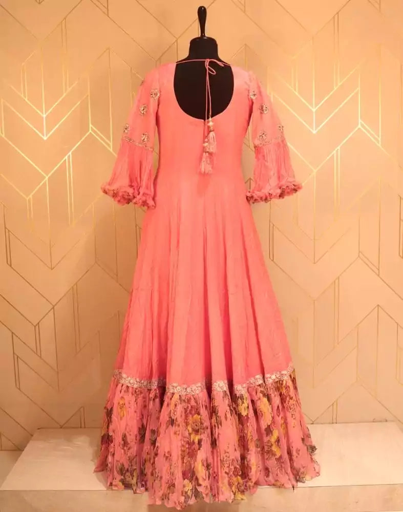 Designer Peach Coloured fully flared Plain Chiffon fabric Dress Gown