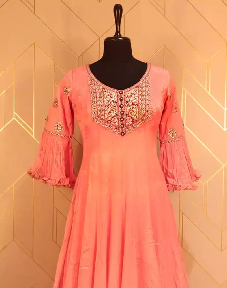 Designer Peach Coloured fully flared Plain Chiffon fabric Dress Gown