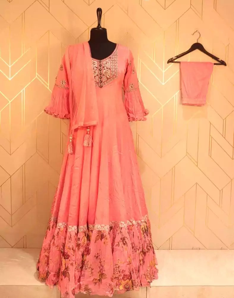 Designer Peach Coloured fully flared Plain Chiffon fabric Dress Gown