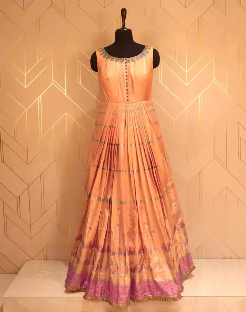 Designer Orange Striped Print Raw Silk Dress Gown