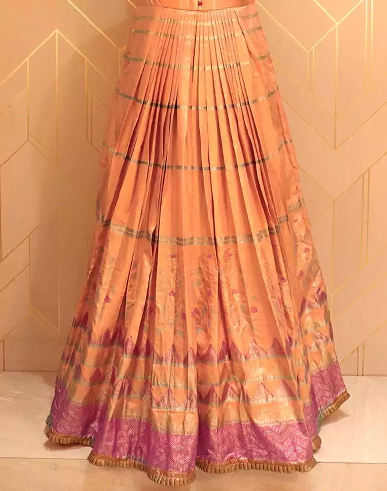 Designer Orange Striped Print Raw Silk Dress Gown