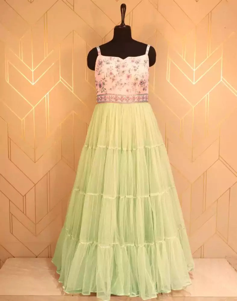 Designer Light Green Embroidery work Netted Dress Gown