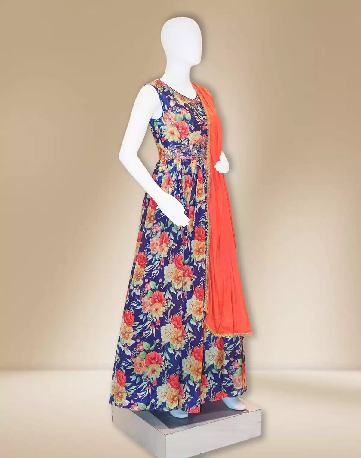 Purple Floral Print Crape Long Dress with Dupatta