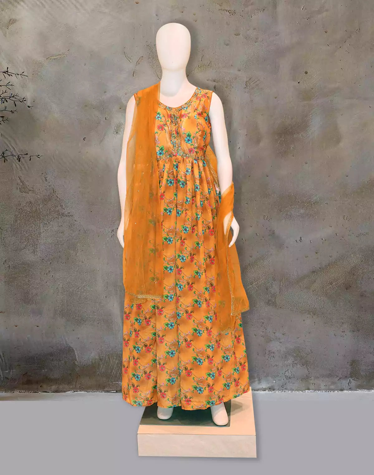Mustard Crape Fabric Long Frock with Dupatta