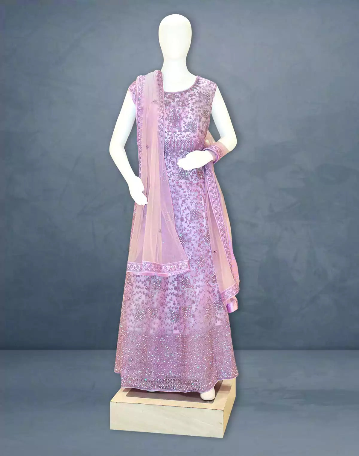 Light Purple fully flared Netted Stones work Gown with Dupatta