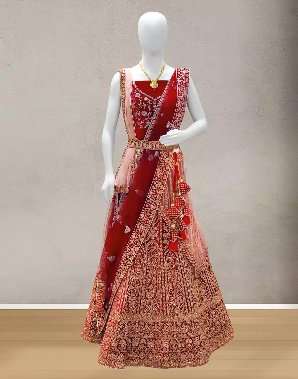 Designer Red all over beautiful Zardosi work Velvet Half Saree with Belt