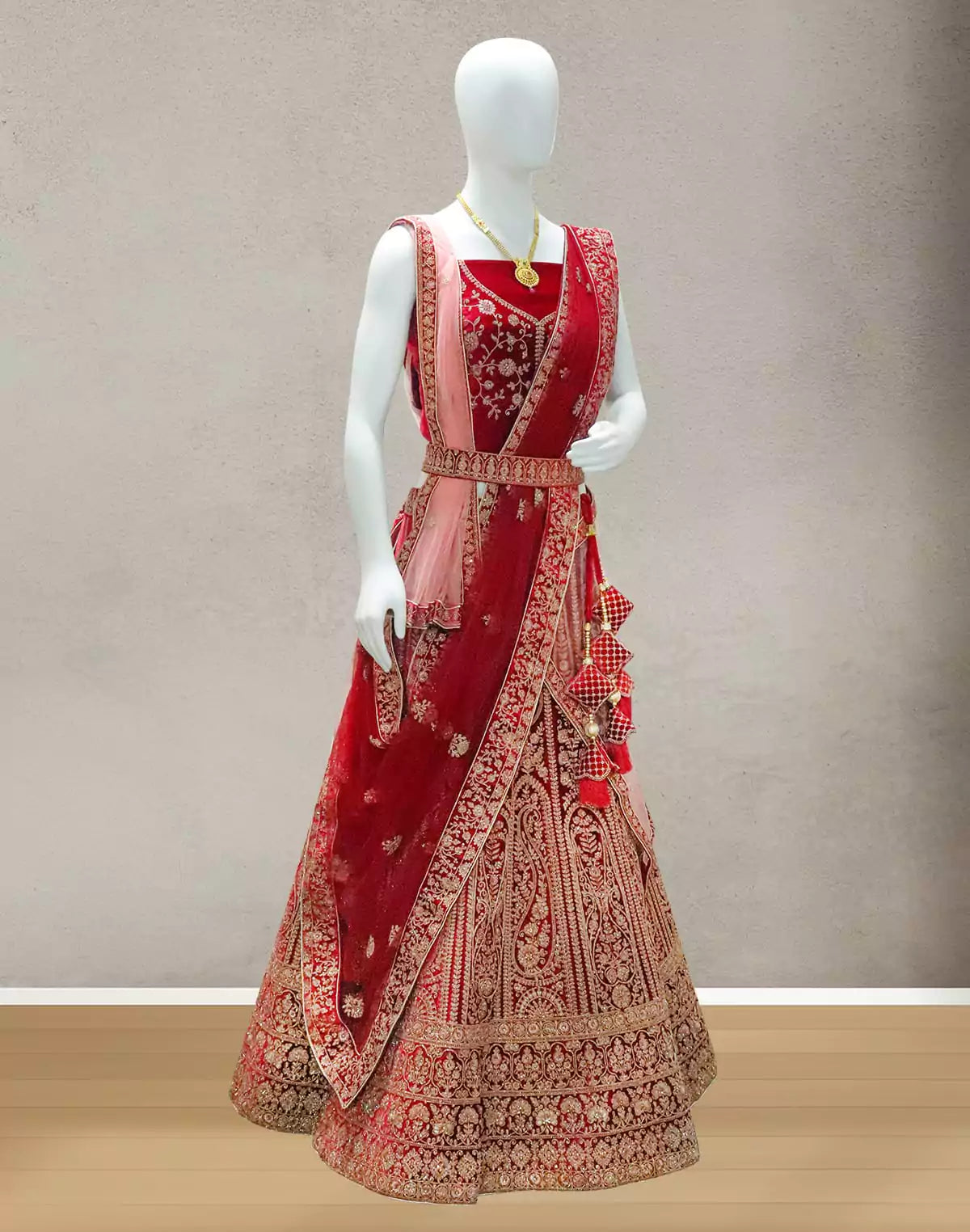 Designer Red all over beautiful Zardosi work Velvet Half Saree with Belt