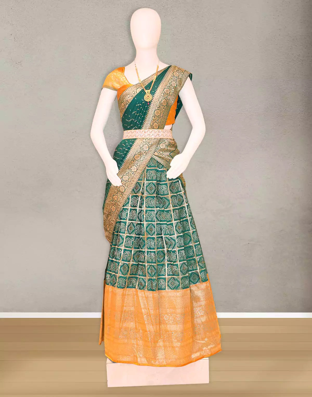 Green Floral print Banaras Fancy Half Saree
