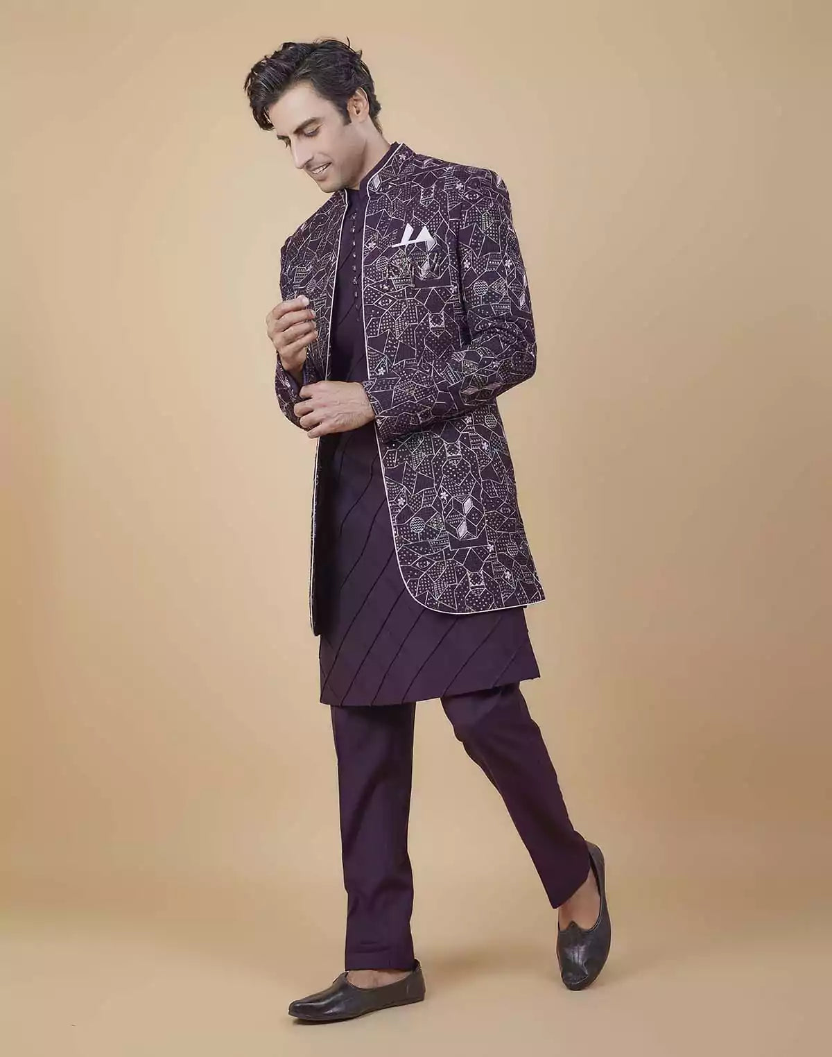 Windsor Wine All Over Fully Embroidered and Sequence work Open Jacket Style