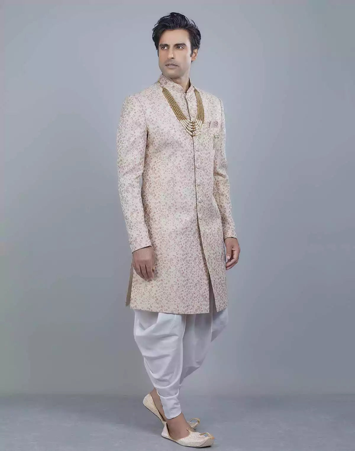 Graceful Peach Self All Over Floral Jacquard Design Indo Sherwani