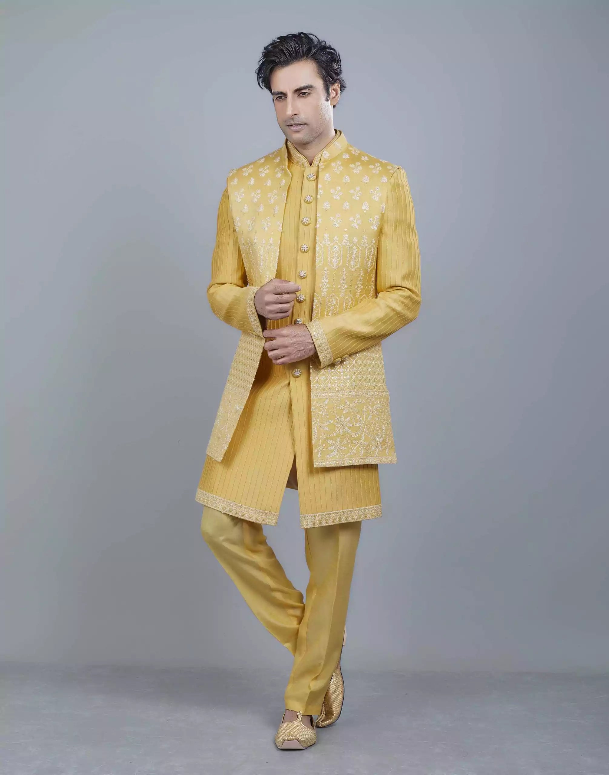 All Over Beautifully Yellow Coloured Embroidery work Open Jakcet Style