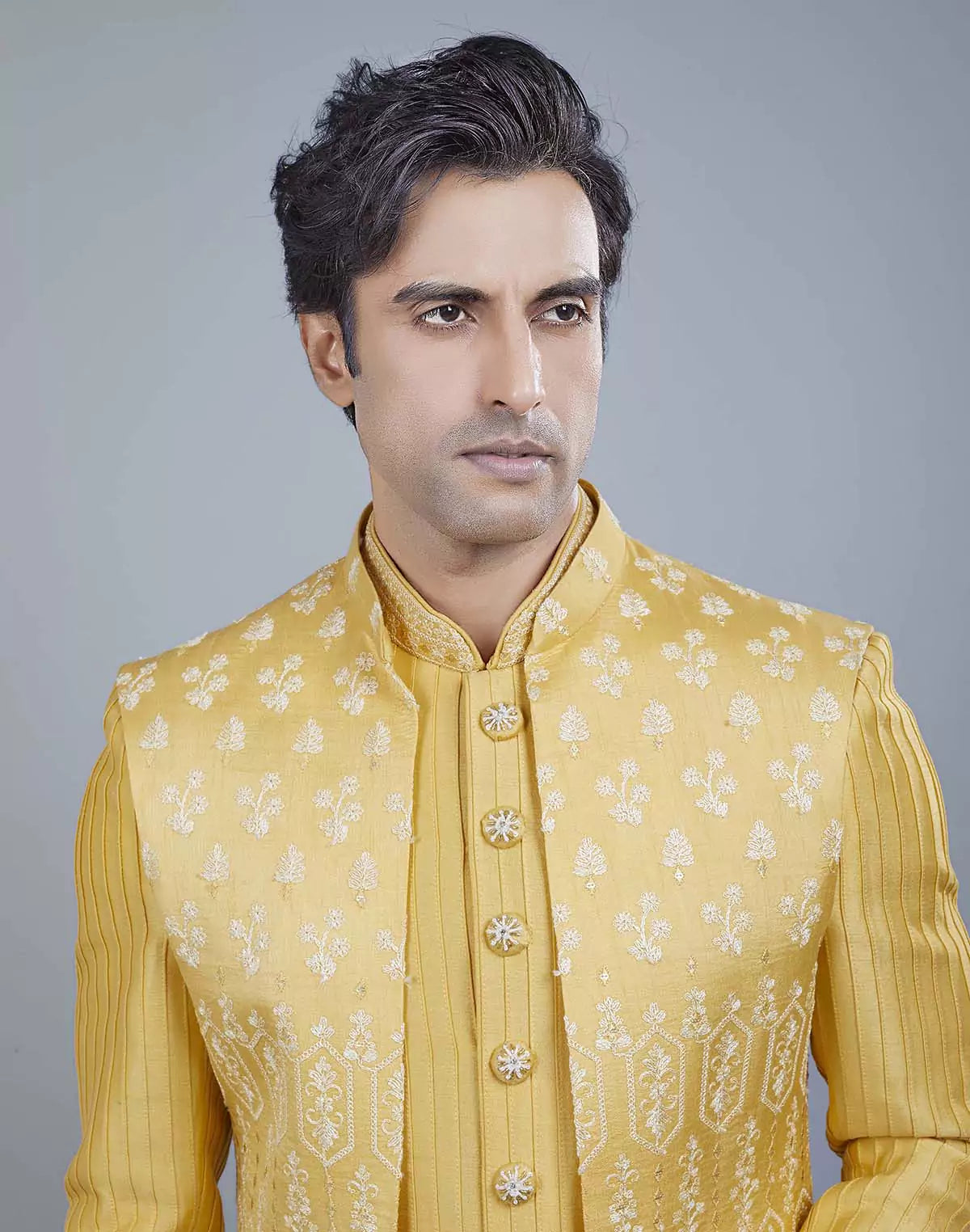 All Over Beautifully Yellow Coloured Embroidery work Open Jakcet Style