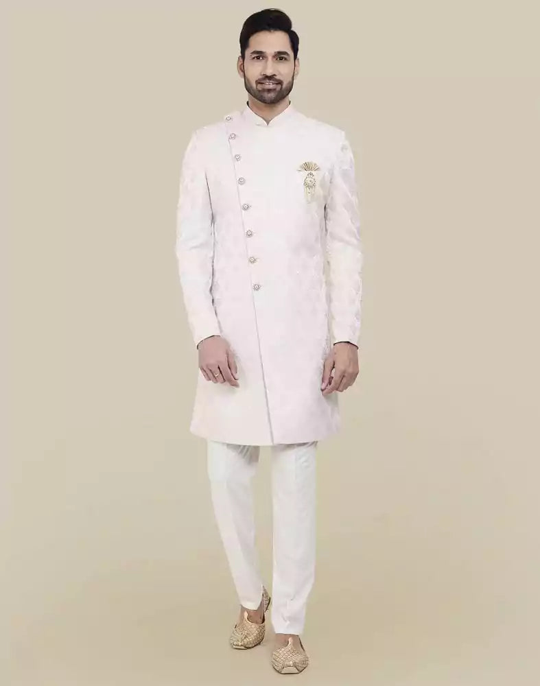 Brocade Peach Coloured Indo Western Sherwani Set