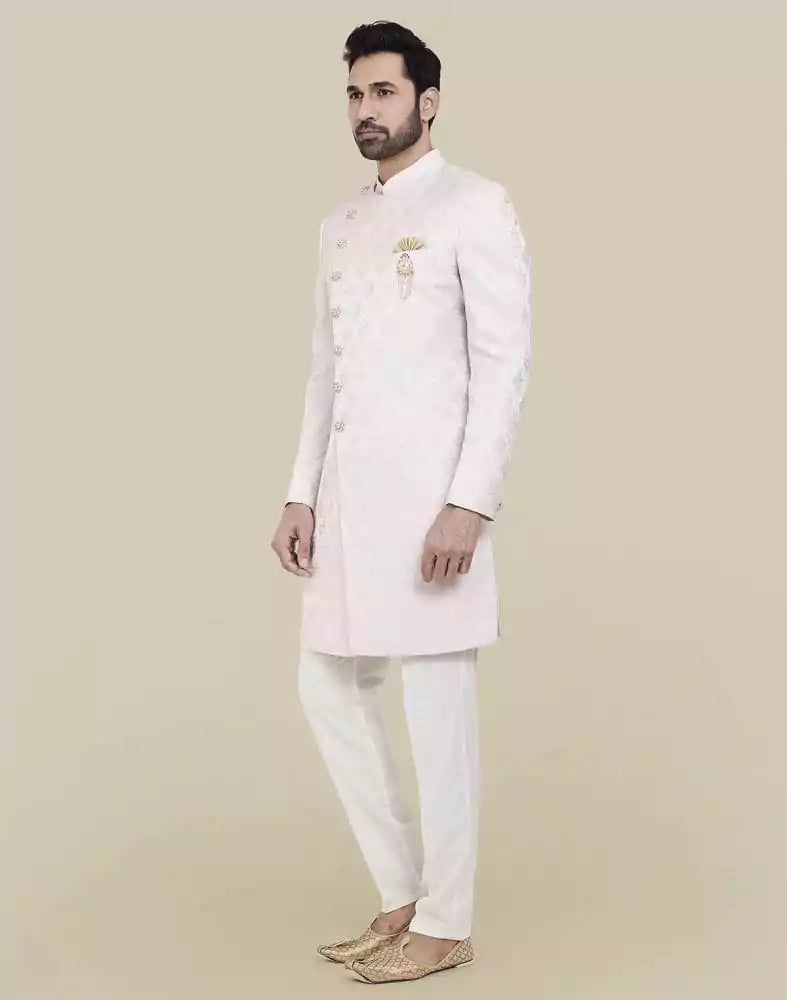 Brocade Peach Coloured Indo Western Sherwani Set