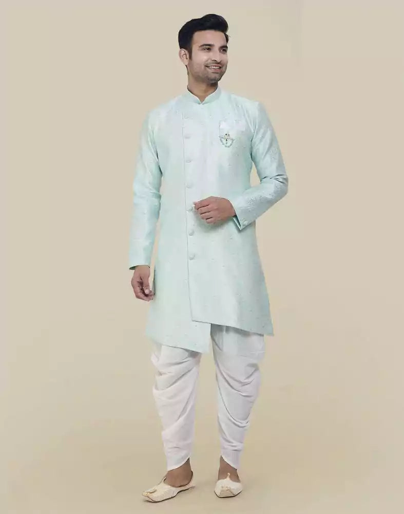 Sky Blue Fashionable Cross Pattern And Self Design Semi Indo Western Set