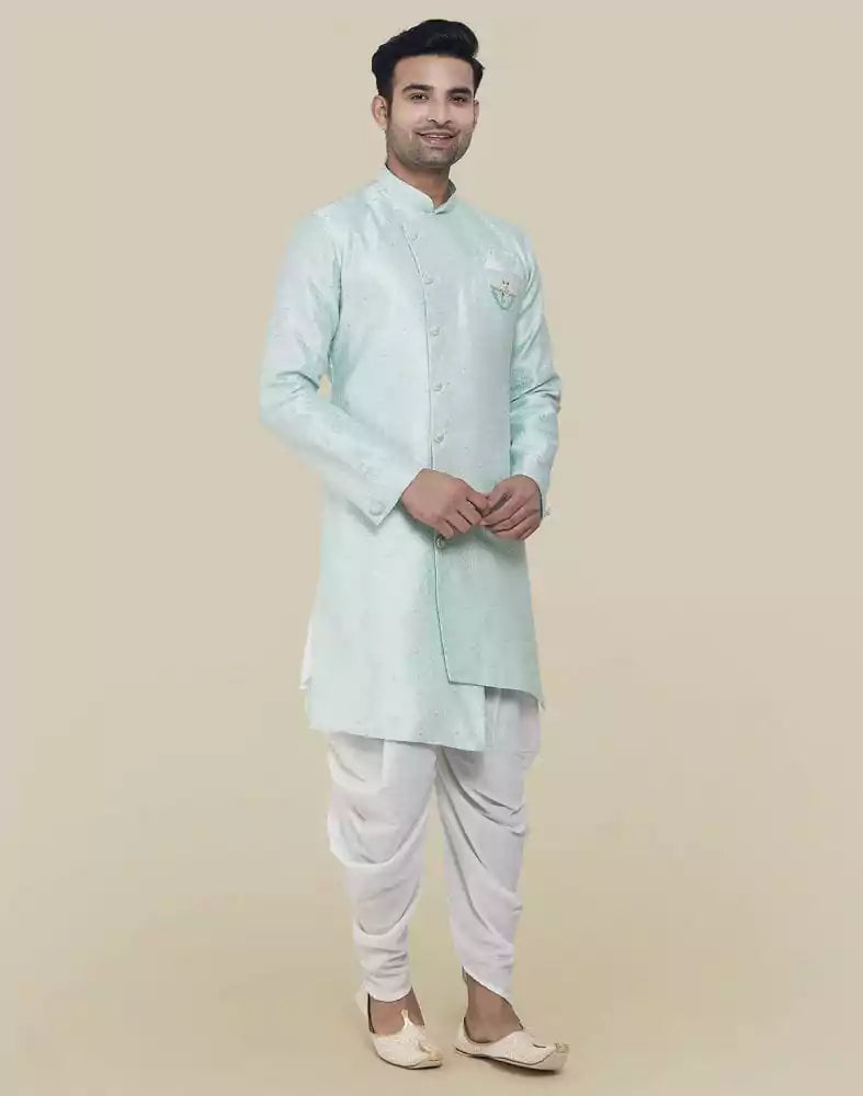 Sky Blue Fashionable Cross Pattern And Self Design Semi Indo Western Set