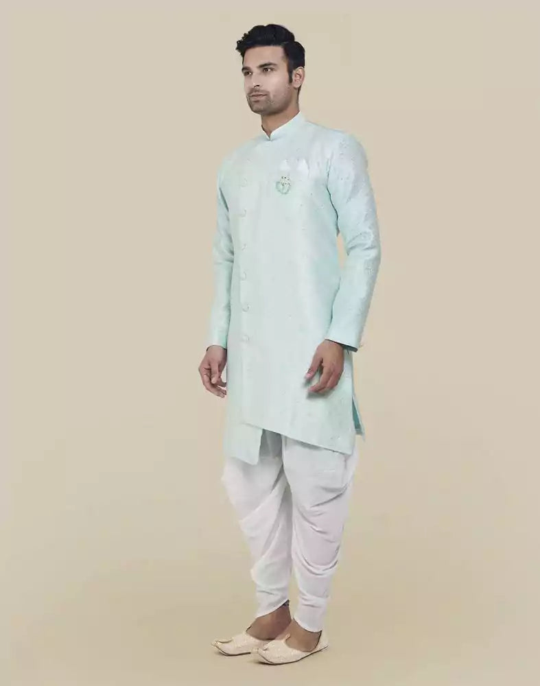 Sky Blue Fashionable Cross Pattern And Self Design Semi Indo Western Set