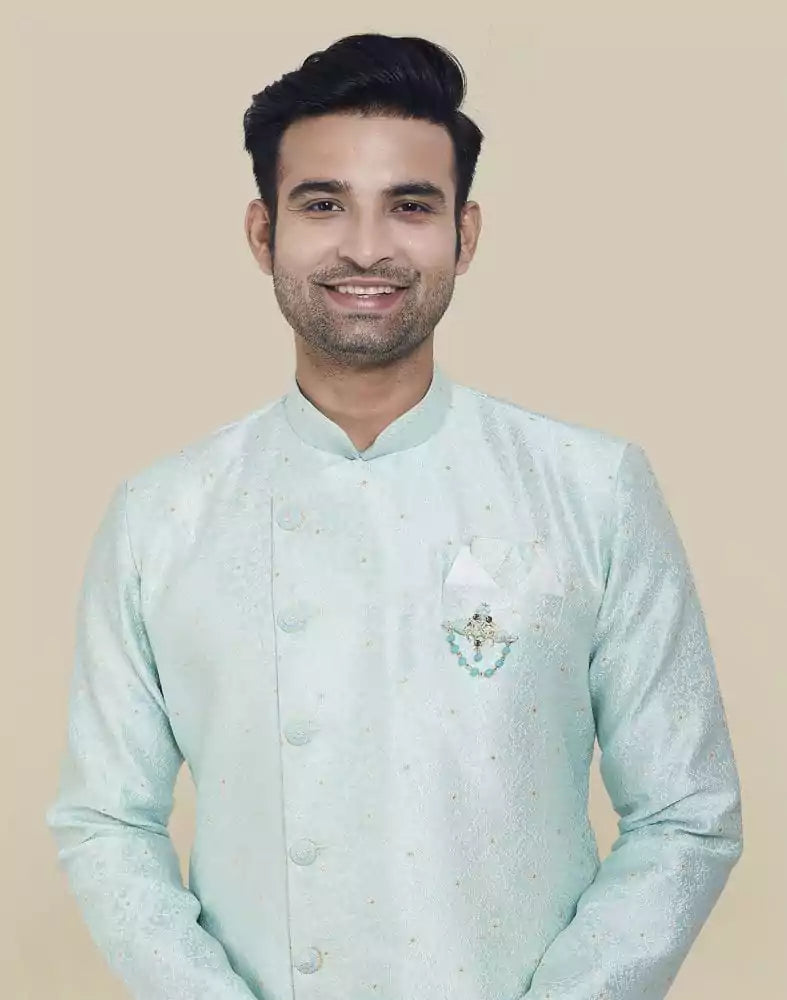 Sky Blue Fashionable Cross Pattern And Self Design Semi Indo Western Set