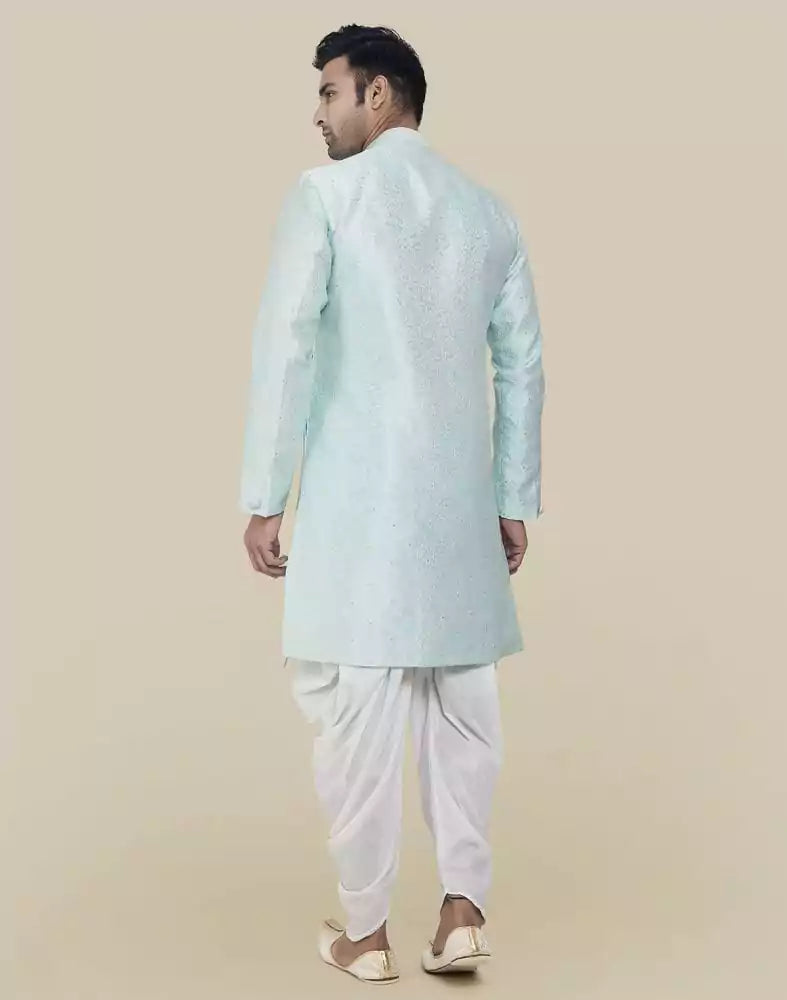 Sky Blue Fashionable Cross Pattern And Self Design Semi Indo Western Set