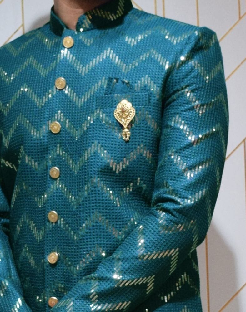 Stylish Rama Green Chevron Raw Silk Embellished Designer Indo-Western Set