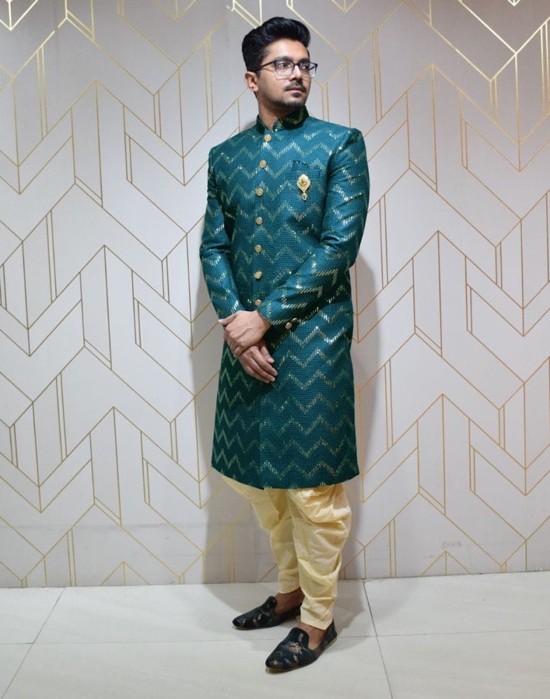 Stylish Rama Green Chevron Raw Silk Embellished Designer Indo-Western Set