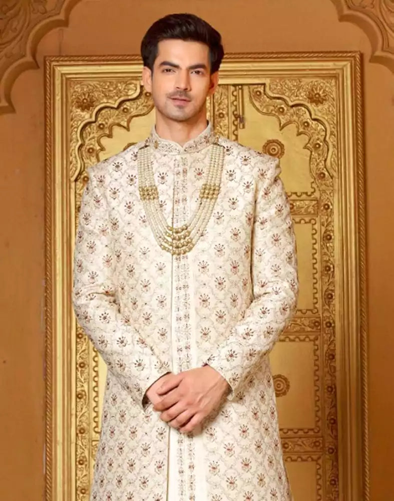 Dashing Cream Coloured Raw Silk Mirror work Indo-Western Set
