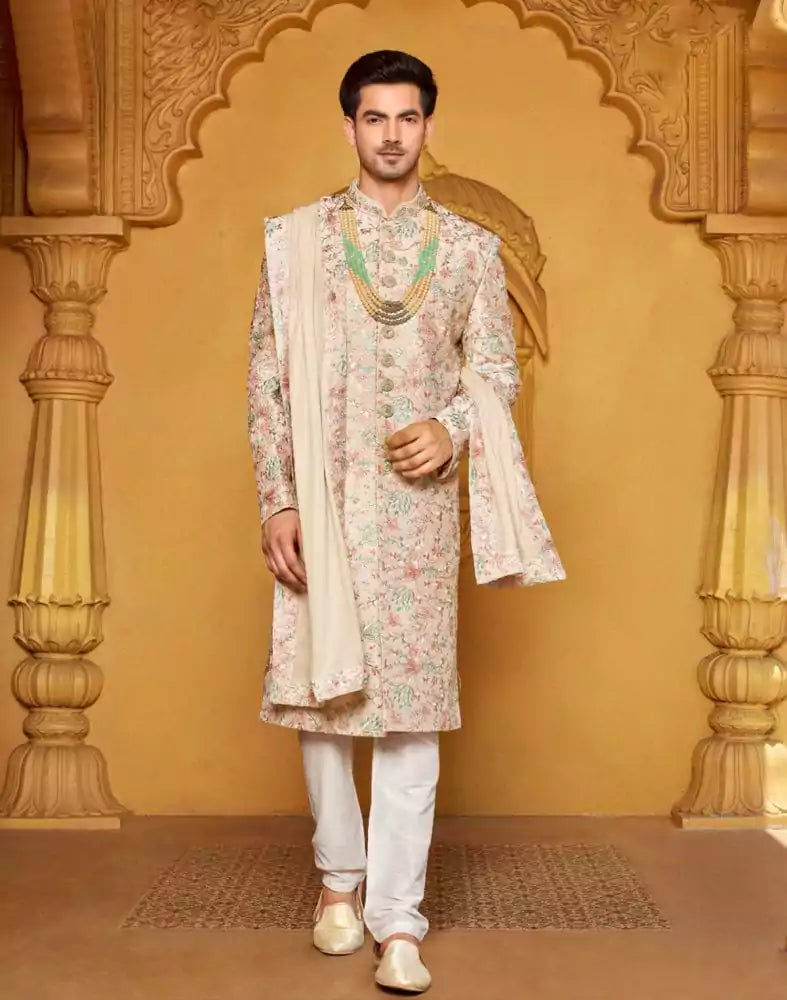 Attractive Beige Floral Raw Silk Embellished work Indo-Western Set