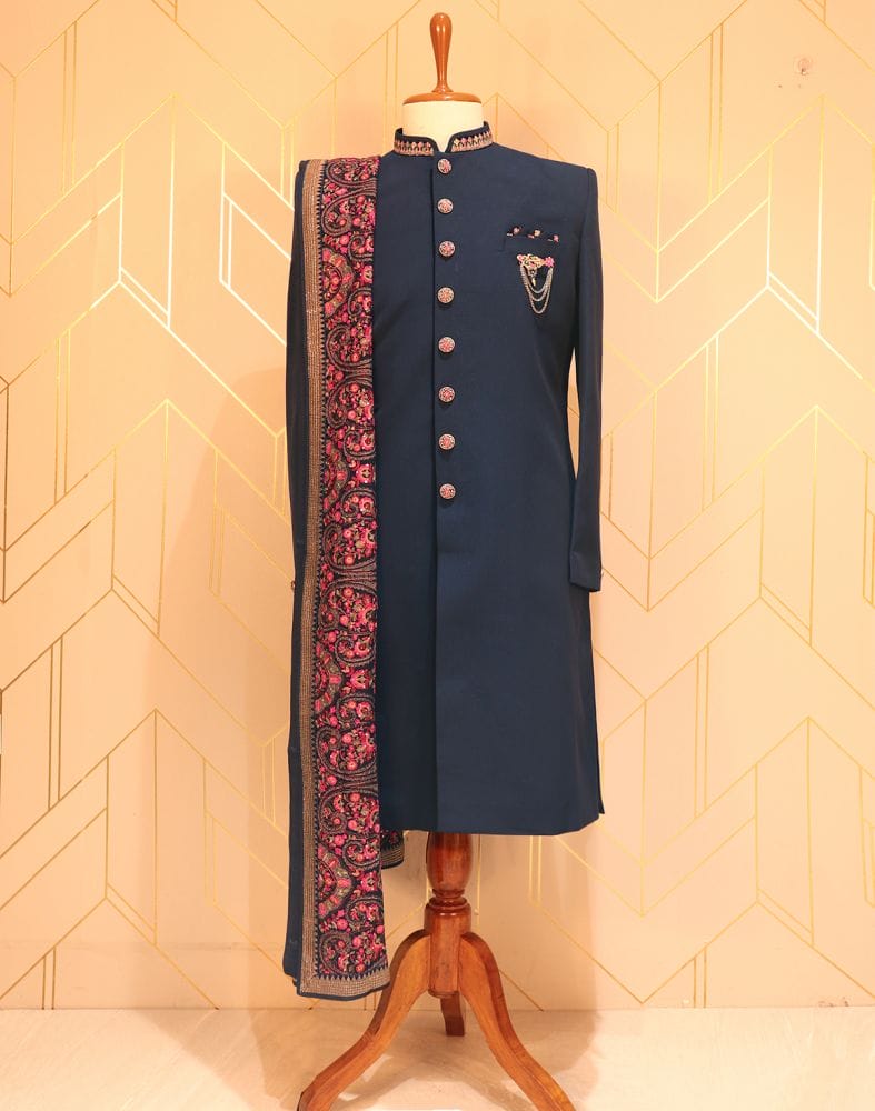 Blue Plain Embroidery work Polynosic Indo-Western Set