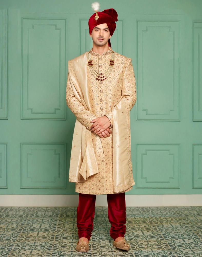 Smart and Elegant Gold Coloured Raw Silk Beads work Indo-Western Set