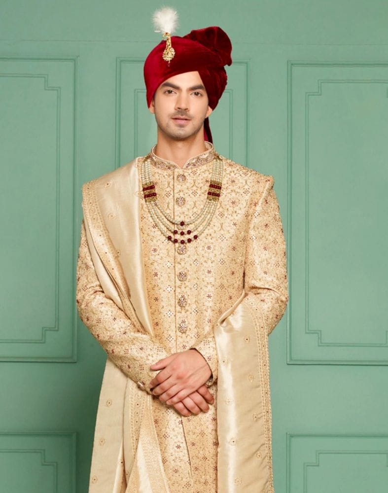 Smart and Elegant Gold Coloured Raw Silk Beads work Indo-Western Set