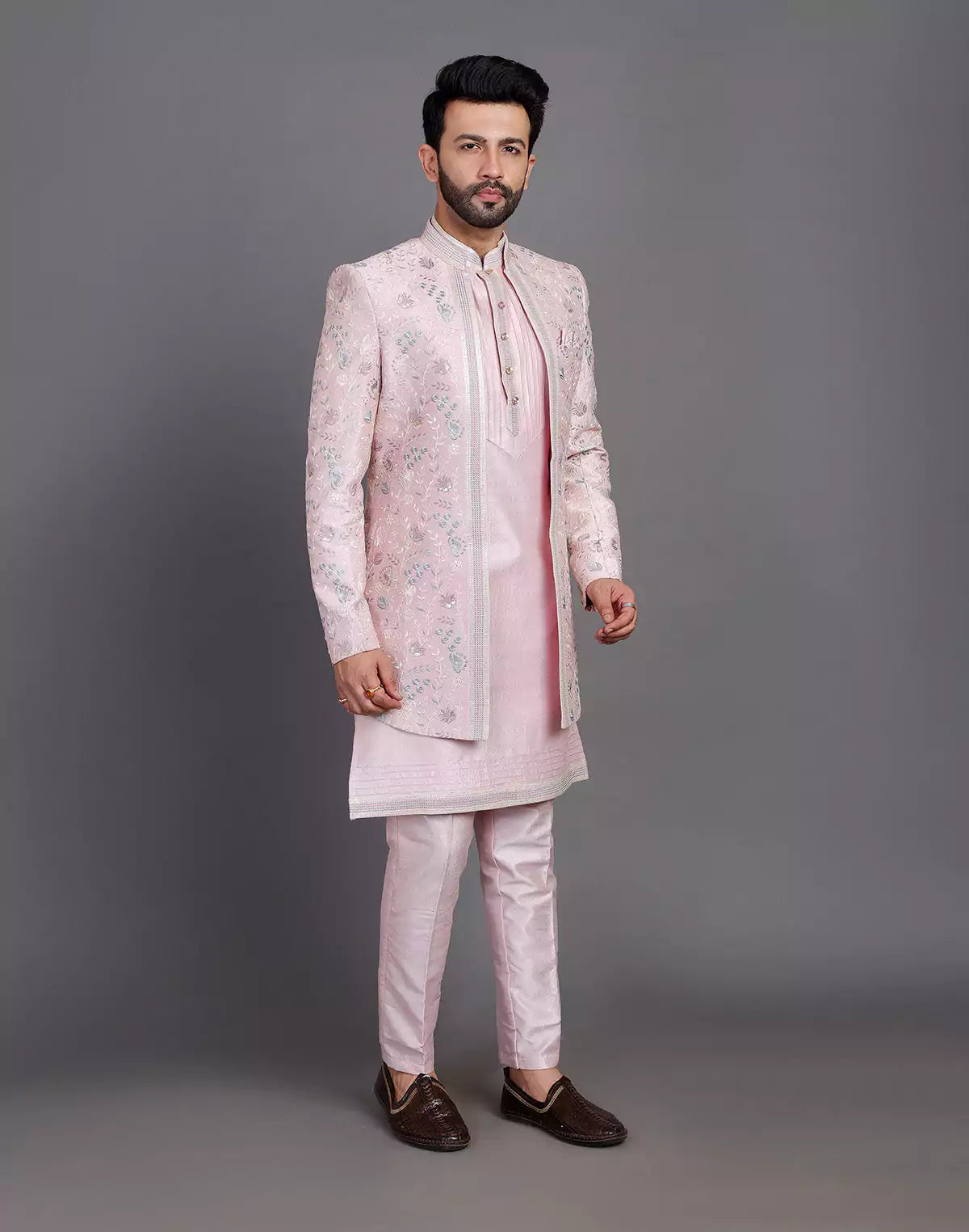 Lilac Coloured Raw Silk Multi Thread Embroidery Work Indo Open Jacket Style