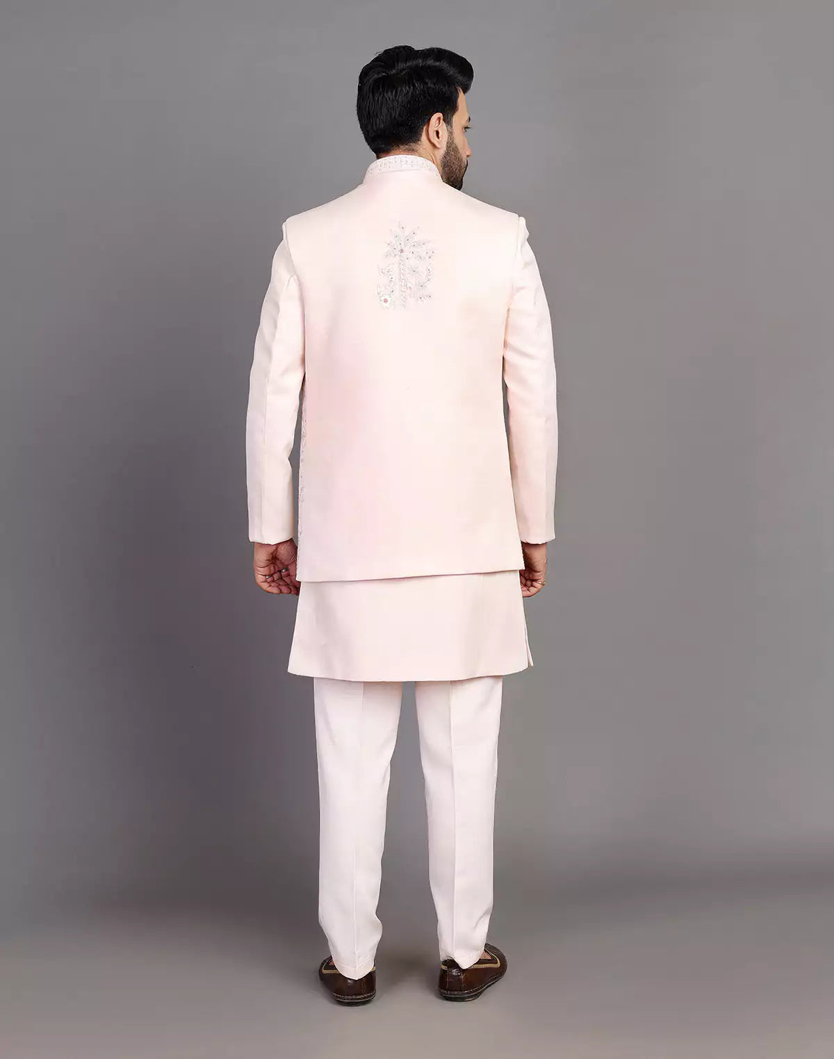 Peach Raw Silk Embroidery Work Indo Open Jacket Set
