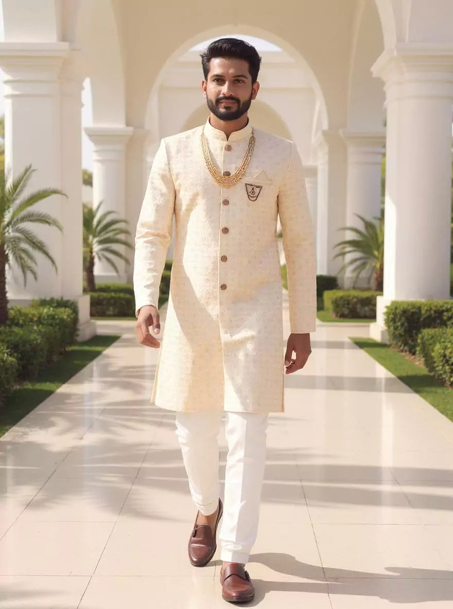 Golden Fawn Self Patterned Jacquard Semi Indo with Mala