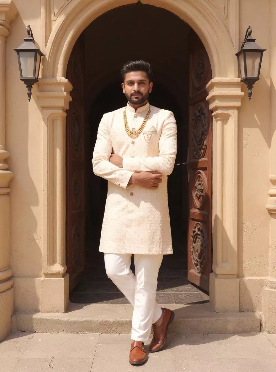 Golden Fawn Self Patterned Jacquard Semi Indo with Mala